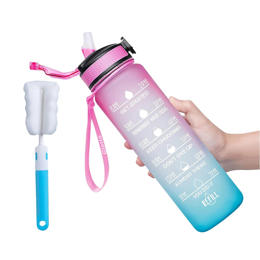 Trinkflasche mit Zeitmarckierung & Trinkhalm, BPA & schadstofffrei